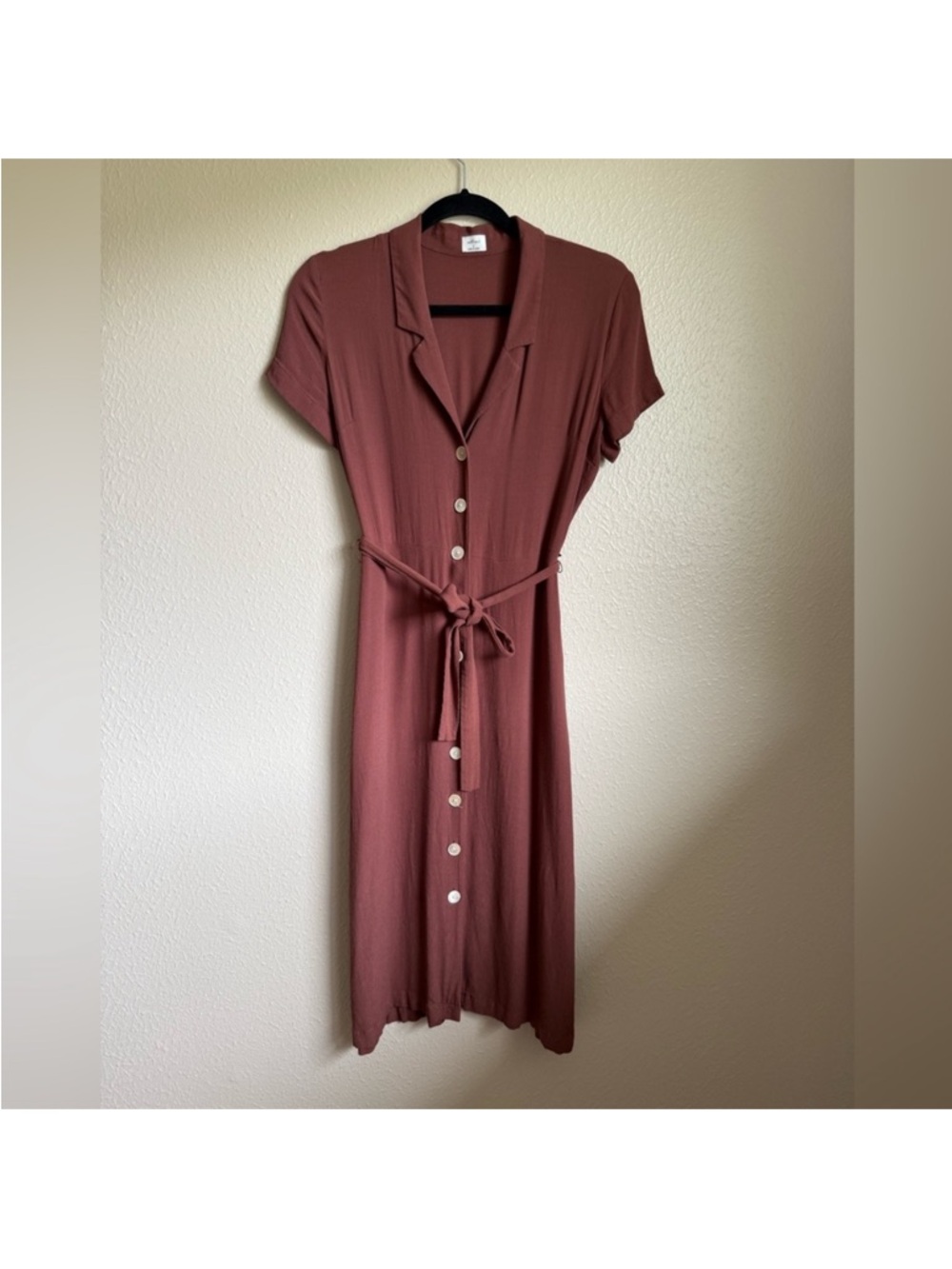 Rust Button-Front Shirt Dress with Tie Waist